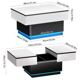 KORVIXA Sliding Top LED Coffee Table Wooden Hidden Storage in White - Size: 100 cm x 100 cm - thumbnail 2