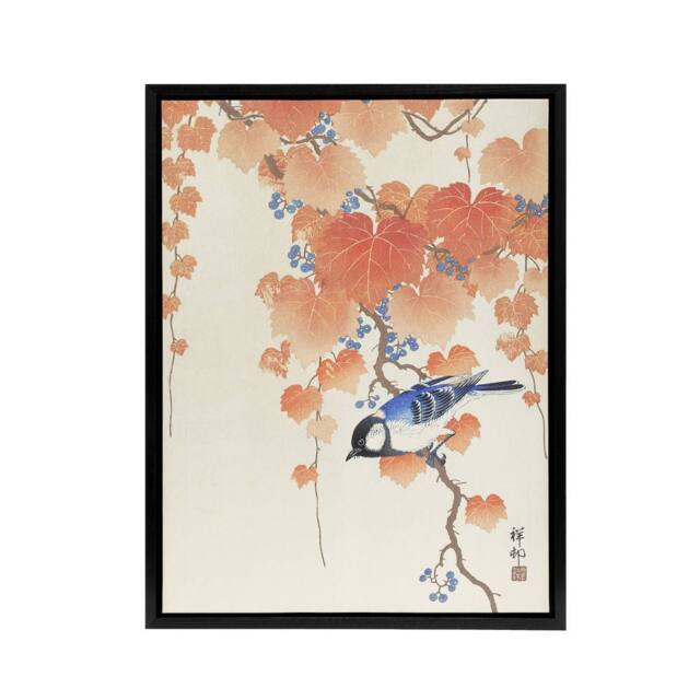 "Artery8 Great Tit On Paulownia Branch Framed Canvas Wall Art Print Ohara Koson in Orange - Size: W24"" x H32""" - image 1