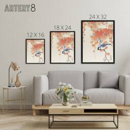 "Artery8 Great Tit On Paulownia Branch Framed Canvas Wall Art Print Ohara Koson in Orange - Size: W24"" x H32""" - thumbnail 4