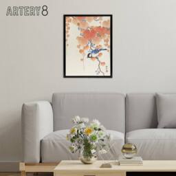 "Artery8 Great Tit On Paulownia Branch Framed Canvas Wall Art Print Ohara Koson in Orange - Size: W24"" x H32""" - thumbnail 3
