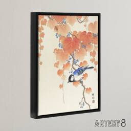 "Artery8 Great Tit On Paulownia Branch Framed Canvas Wall Art Print Ohara Koson in Orange - Size: W24"" x H32""" - thumbnail 2