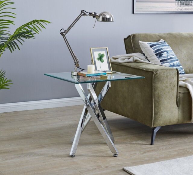 FurnitureboxUK Leonardo Square Glass Side End Bedside Table with Metal Angled Starburst Legs for Modern Living Rooms in Silver - image 1