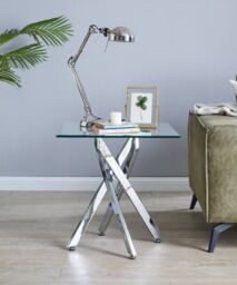 FurnitureboxUK Leonardo Square Glass Side End Bedside Table with Metal Angled Starburst Legs for Modern Living Rooms in Silver - thumbnail 2