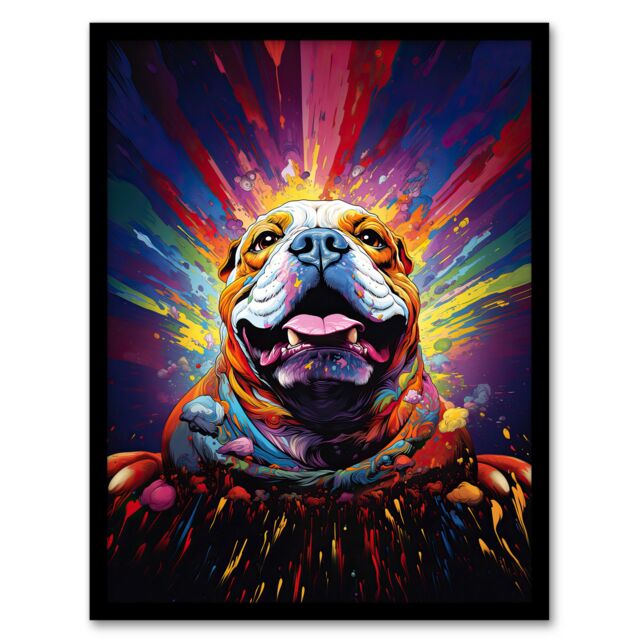 "Artery8 Wall Art Print Bulldog Dog Lover Gift Pet Portrait Colourful Artwork Painting Art Framed - Size: W12"" x H16""" - image 1