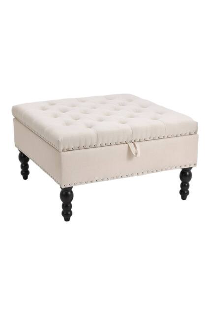 Beige Square Linen Tufted Storage Ottoman - image 1