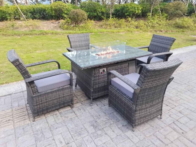 Fimous Rattan Garden Furniture Gas Fire Pit Rectangle Dining Table Gas Heater & Dining Chairs 4 Seater in Dark Grey - image 1