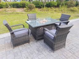 Fimous Rattan Garden Furniture Gas Fire Pit Rectangle Dining Table Gas Heater & Dining Chairs 4 Seater in Dark Grey - thumbnail 1