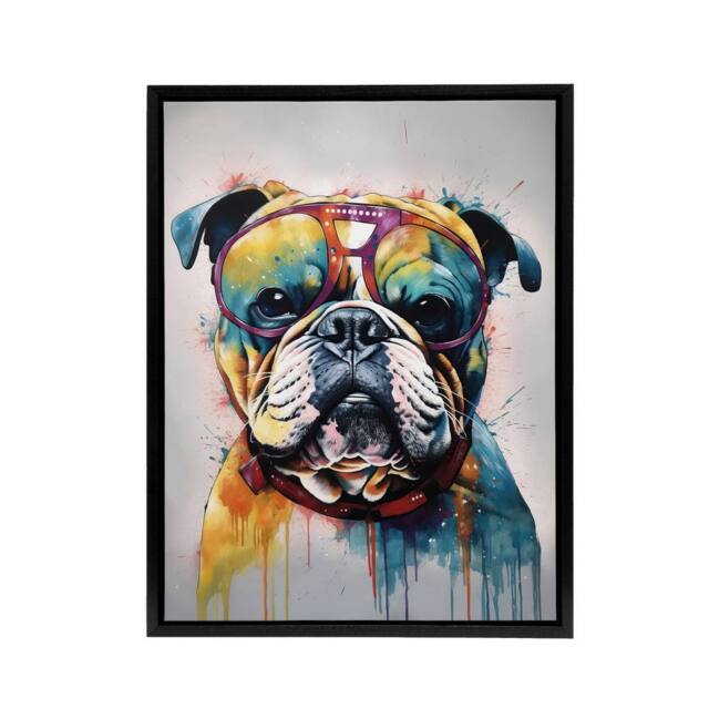 "Artery8 English Bulldog Dog With Sunglasses Framed Canvas Wall Art Print - Size: W18"" x H24""" - image 1