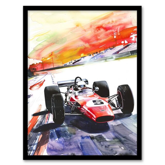 "Artery8 Motor Speedway Race Retro Sport Car Watercolour Framed Art Print in Red - Size: W12"" x H16""" - image 1