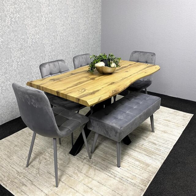 KOSY KOALA Wooden Dining Table with 2 Grey Velvet Chairs & Padded Bench, Dining Room Furniture in Brown - image 1