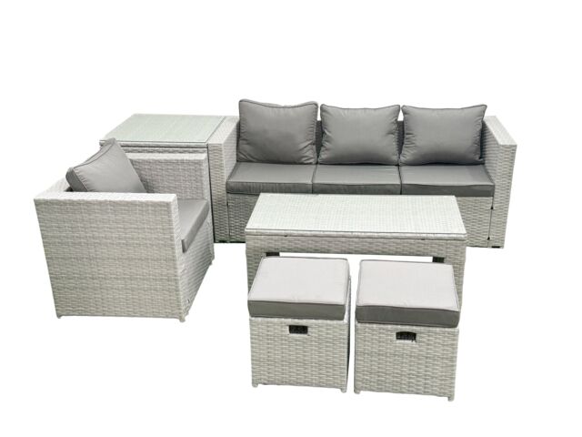 Fimous Rattan Garden Furniture Set Outdoor Lounger Sofa with Coffee Table 2 Small Footstools Light Grey Mixed 6 Seater - image 1