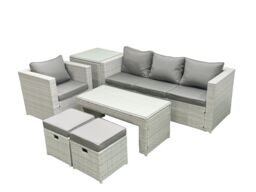 Fimous Rattan Garden Furniture Set Outdoor Lounger Sofa with Coffee Table 2 Small Footstools Light Grey Mixed 6 Seater - thumbnail 2