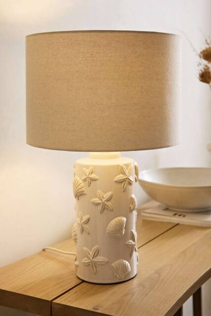 ValueLights Selene Linen Shade Ceramic Embossed Seashell Table Lamp in Cream - image 1