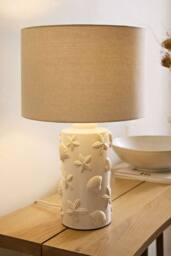 ValueLights Selene Linen Shade Ceramic Embossed Seashell Table Lamp in Cream - thumbnail 1