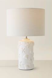 ValueLights Selene Linen Shade Ceramic Embossed Seashell Table Lamp in Cream - thumbnail 3