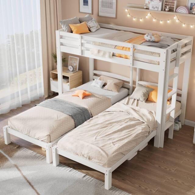 Merax 3ft Single White Wooden T-Shaped Triple Bunk Bed Frame with Ladder - image 1