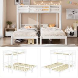 Merax 3ft Single White Wooden T-Shaped Triple Bunk Bed Frame with Ladder - thumbnail 9