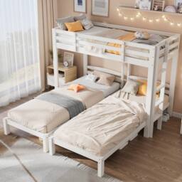 Merax 3ft Single White Wooden T-Shaped Triple Bunk Bed Frame with Ladder