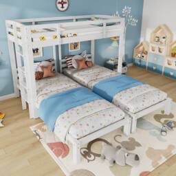 Merax 3ft Single White Wooden T-Shaped Triple Bunk Bed Frame with Ladder - thumbnail 5