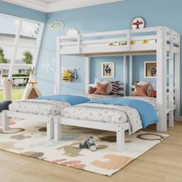 Merax 3ft Single White Wooden T-Shaped Triple Bunk Bed Frame with Ladder - thumbnail 4