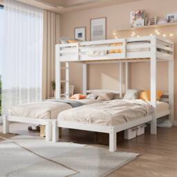 Merax 3ft Single White Wooden T-Shaped Triple Bunk Bed Frame with Ladder - thumbnail 2