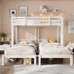 Merax 3ft Single White Wooden T-Shaped Triple Bunk Bed Frame with Ladder - thumbnail 3