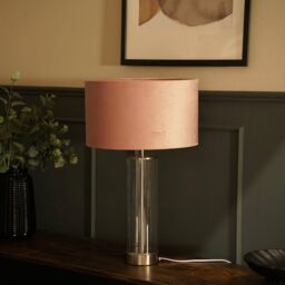ValueLights Balan Glass & Brushed Chrome Table Lamp with Velvet Drum Lamp Shade & LED Bulb in Dusty Pink - thumbnail 3