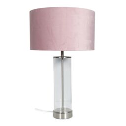 ValueLights Balan Glass & Brushed Chrome Table Lamp with Velvet Drum Lamp Shade & LED Bulb in Dusty Pink - thumbnail 2