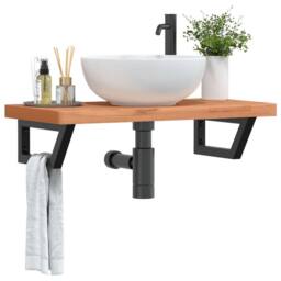 Berkfield Home Basin Shelf Wall Mounted Steel & Solid Wood Beech in Brown - thumbnail 2