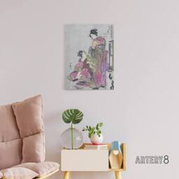 "Artery8 Husband & Wife Portrait Canvas Wall Art Print Utamaro Kitagawa in Pink - Size: W18"" x H24""" - thumbnail 3