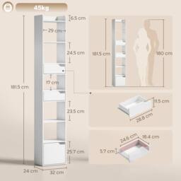 HOMCOM Bookcase Tall Narrow with 5 Tiers Drawers White Wood Effect - thumbnail 3