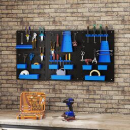 Costway Pegboard Wall Organizer 9-Bin Parts Rack Organizer w/ Hammer Racks in Blue - thumbnail 5