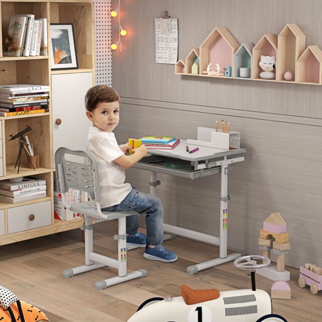 HOMCOM Kids Desk & Chair Set, Height Adjustable Writing Desk Study Table in Grey - image 1