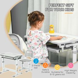 HOMCOM Kids Desk & Chair Set, Height Adjustable Writing Desk Study Table in Grey - thumbnail 4