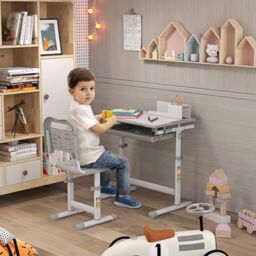 HOMCOM Kids Desk & Chair Set, Height Adjustable Writing Desk Study Table in Grey - thumbnail 1