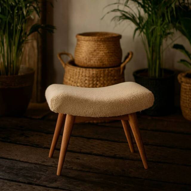Wyld Haus Olbia Bouclé Curved Bench Cream Cotton Mango Wood Legs in Beige - image 1