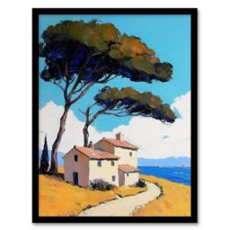 "Artery8 Holiday Cottage By Sea Coastal Spain Painting Framed Art Print in Blue - Size: W12"" x H16""" - thumbnail 1