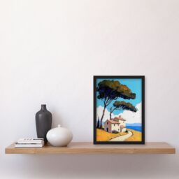 "Artery8 Holiday Cottage By Sea Coastal Spain Painting Framed Art Print in Blue - Size: W12"" x H16""" - thumbnail 4