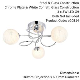 Loops Polished Chrome Semi Flush Ceiling Light & Confetti Glass Shades Multi Arm Lamp in Clear - thumbnail 2