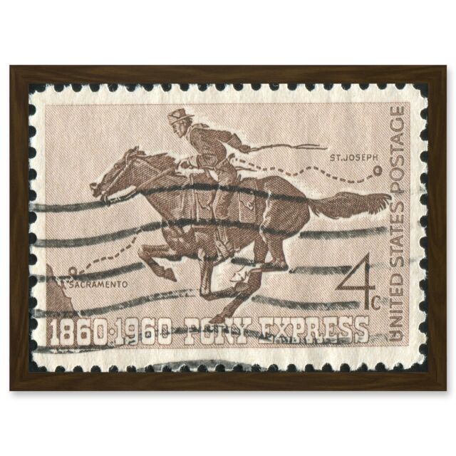 Artery8 Postage Stamp 1860 1960 Pony Express Vintage USA Photo Sacramento to St Joseph Artwork Framed Wall Art Print A4 in Brown - image 1