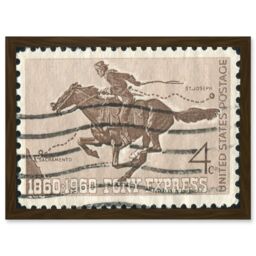 Artery8 Postage Stamp 1860 1960 Pony Express Vintage USA Photo Sacramento to St Joseph Artwork Framed Wall Art Print A4 in Brown - thumbnail 1