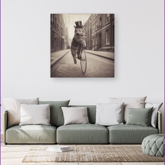 Warren Reed - Designer Victorian Cat Riding A Bike Canvas in Black - Size: w40 inch x h40 inch - image 1