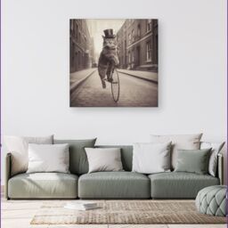 Warren Reed - Designer Victorian Cat Riding A Bike Canvas in Black - Size: w40 inch x h40 inch - thumbnail 1