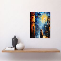 "Artery8 Wall Art Print A Street Cat Named Desire Palette Knife Oil Painting Ginger Cat Village Night Poster in Blue - Size: W12"" x H16""" - thumbnail 2