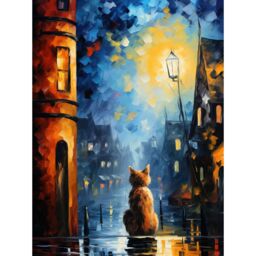 "Artery8 Wall Art Print A Street Cat Named Desire Palette Knife Oil Painting Ginger Cat Village Night Poster in Blue - Size: W12"" x H16""" - thumbnail 1