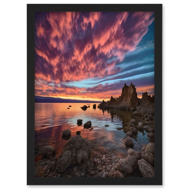 Artery8 Atmospheric Sunset Clouds Over Mono Lake Lakeside Landscape Modern Watercolour Painting Artwork Framed Wall Art Print A4 in Black - image 1