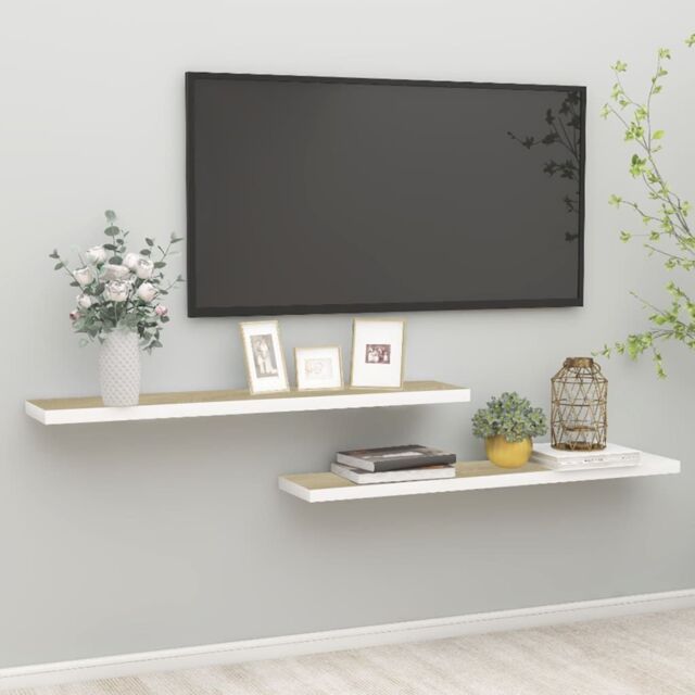 Berkfield Home Floating Wall Shelves 2 pcs Oak & White 120x23.5x3.8 cm MDF in Brown - image 1