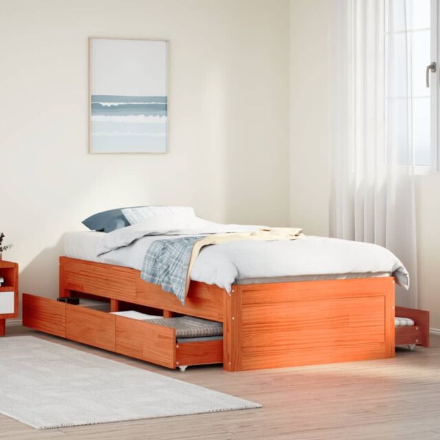 Berkfield Home Bed Frame without Mattress with Drawers Wax Brown 90x190 cm Single Solid Wood Pine - image 1