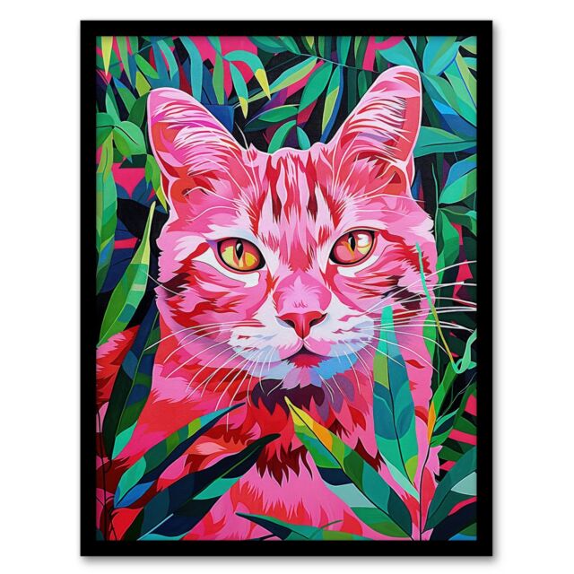 Artery8 Wall Art Print Cat Lover Pet in Fronds Psychedelic Pink Green Art Framed Poster in Black - Size: A4 - image 1