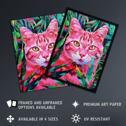 Artery8 Wall Art Print Cat Lover Pet in Fronds Psychedelic Pink Green Art Framed Poster in Black - Size: A4 - thumbnail 2